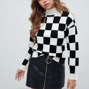 Missguided Checked Sweater  Black White Checkerboard  Mock Neck Alt Punk